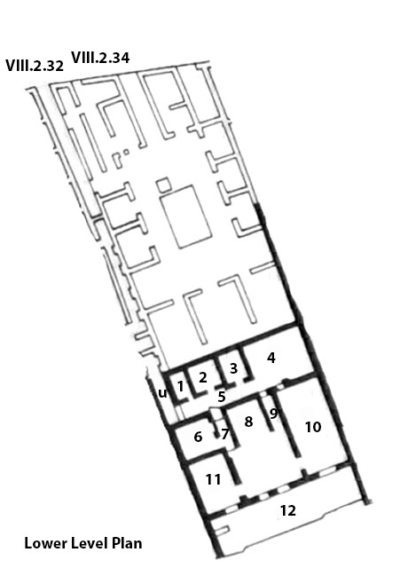 VIII.2.34 Pompeii. Casa delle Colombe a mosaico or House of the Mosaic Doves. Lower Level Plan.
